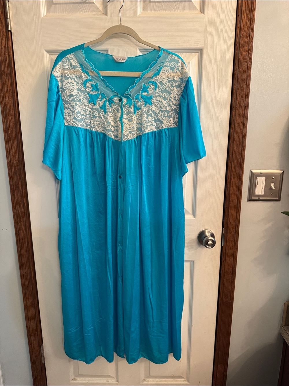 Vintage Turquoise Lace Yoke Maxi Nightgown Dress2x-3x